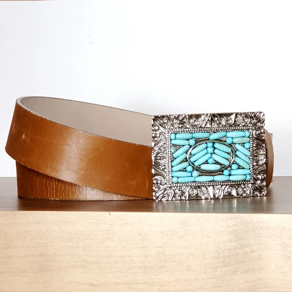 Streets Ahead Western Turquise Bead Ornate Silver Buckle Brown Leather Belt Lg